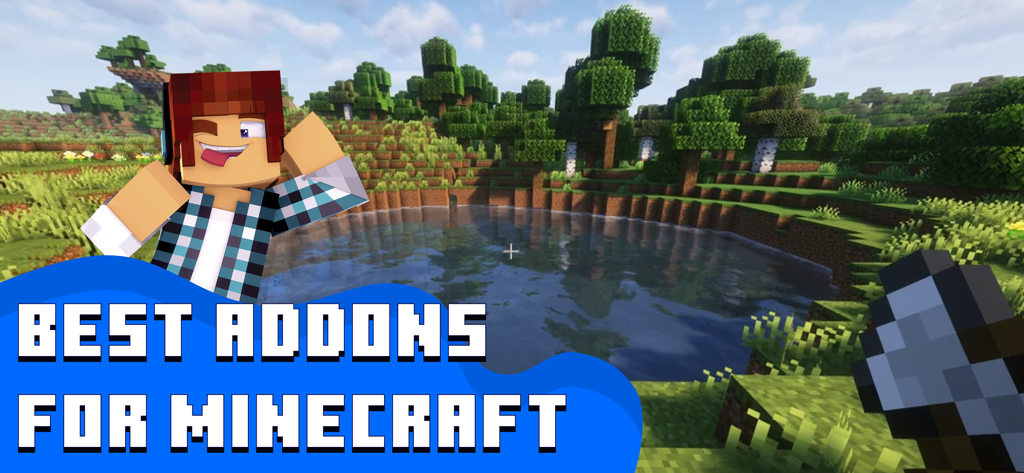 Addons for Minecraft ▸ - 마인크래프트 캐릭터와 호수 풍경, 그리고 '마인크래프트 최고의 애드온'이라는 텍스트