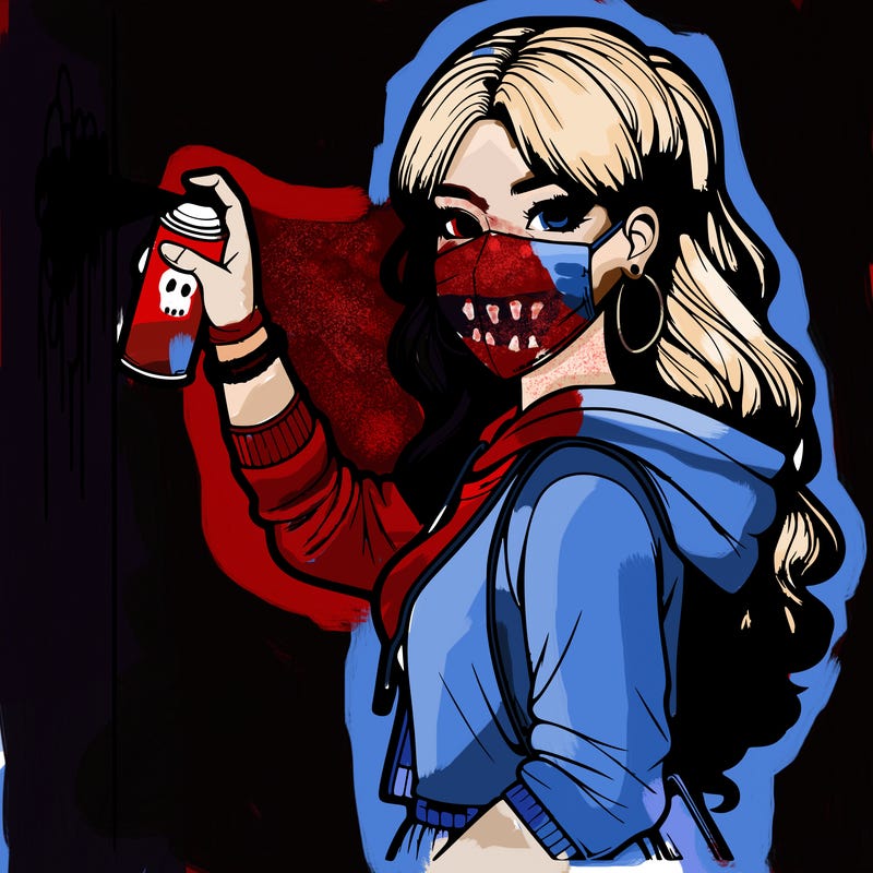 realistic girl with mask spray painting a wall