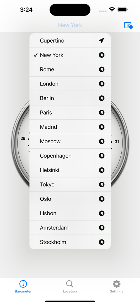 Location selection menu displaying a list of cities in the Barometer app interface