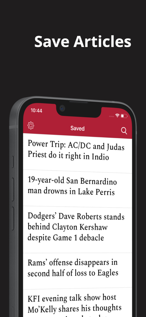 The Press Enterprise app interface showing a list of saved local news and sports articles on an iPhone.