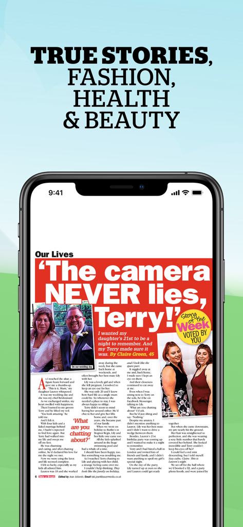 Smartphone-Bildschirm zeigt einen Artikel über wahre Geschichten in der Take a Break Monthly Magazine App.