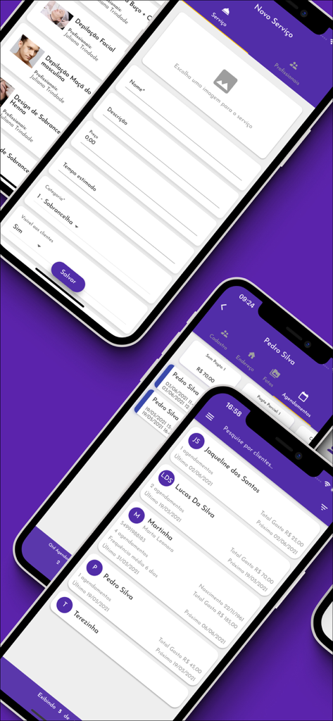 Tua Agenda: Para Profissionais - Interface screens of the Tua Agenda app showing service registration and client management tools