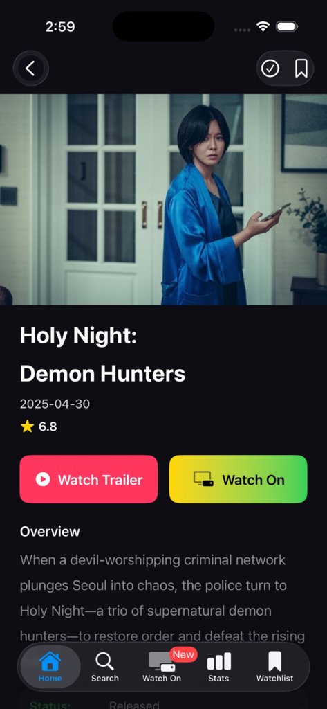A detailed movie information page in the MovieBox app showing the title Holy Night Demon Hunters with trailer and watch options in dark mode