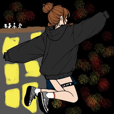 realistic girl jumping with a bun and oversized sweatshirt