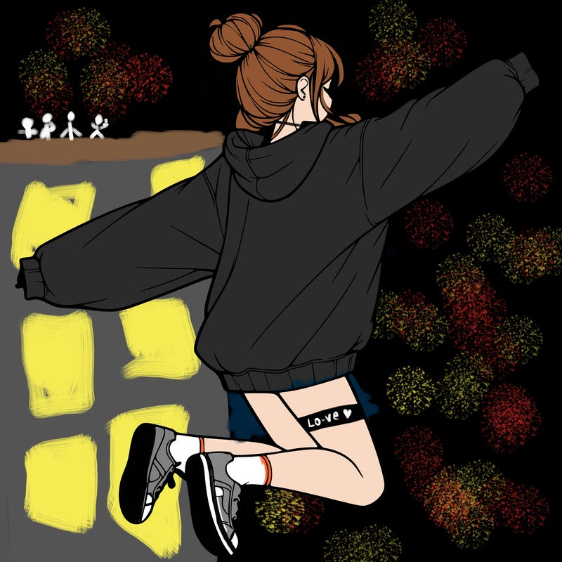 realistic girl jumping with a bun and oversized sweatshirt