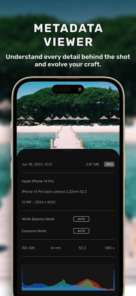 The Nightcam app metadata viewer interface showing detailed photo specifications like ISO aperture and RGB histogram