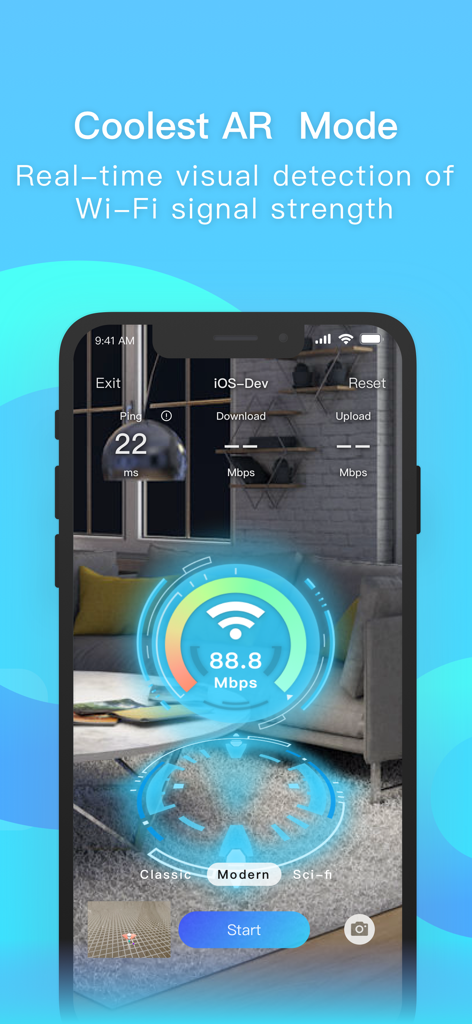 iWifi - AR speed & signal test - Smartphone showing the iWifi AR mode visualizing real-time Wi-Fi signal strength and speed in a room environment