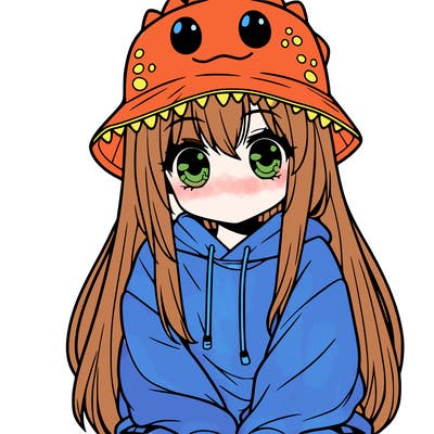 girl with anime shaped eyes with a dinosaur bucket hat oversized sweatshirt long straight hair
