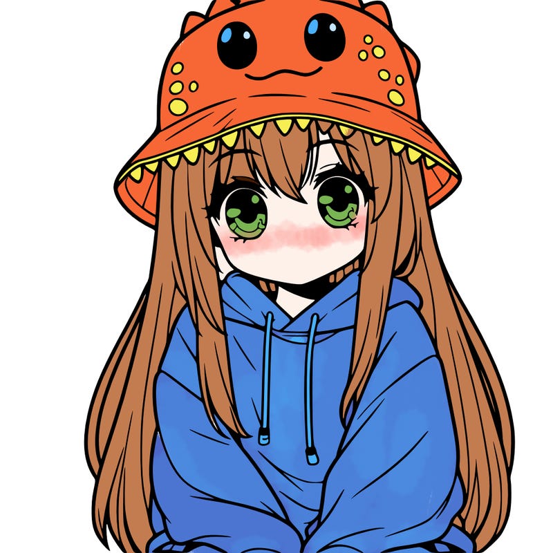 girl with anime shaped eyes with a dinosaur bucket hat oversized sweatshirt long straight hair