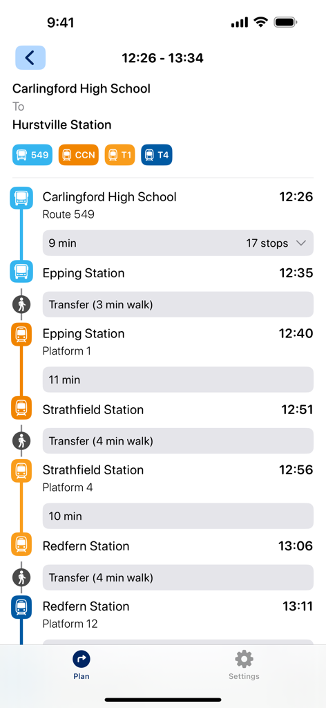 Detailed transit route in Sydney showing bus train and walking segments