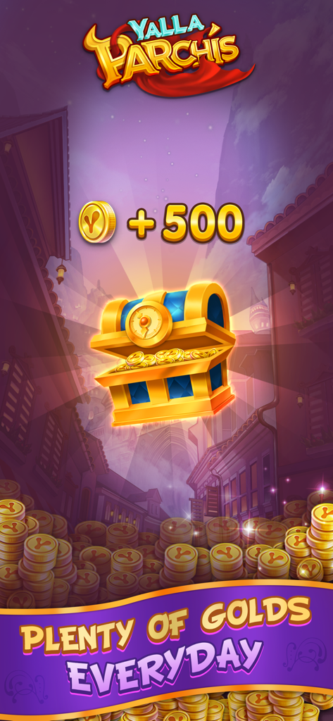 Yalla Parchis - A golden treasure chest opening with 500 free gold coins and the text plenty of golds everyday in Yalla Parchis app.