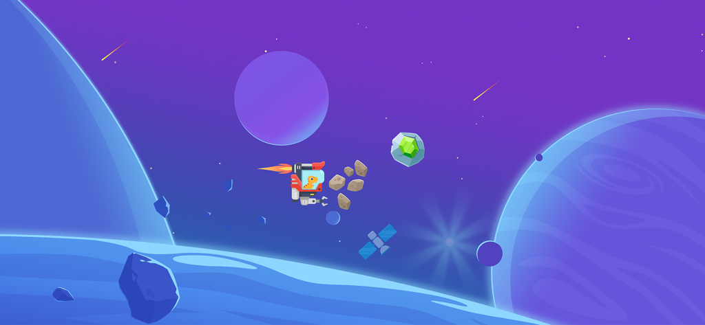 Dinosaur Coding Adventure Kids - A dinosaur piloting a space mech through a colorful galaxy with planets and crystals.