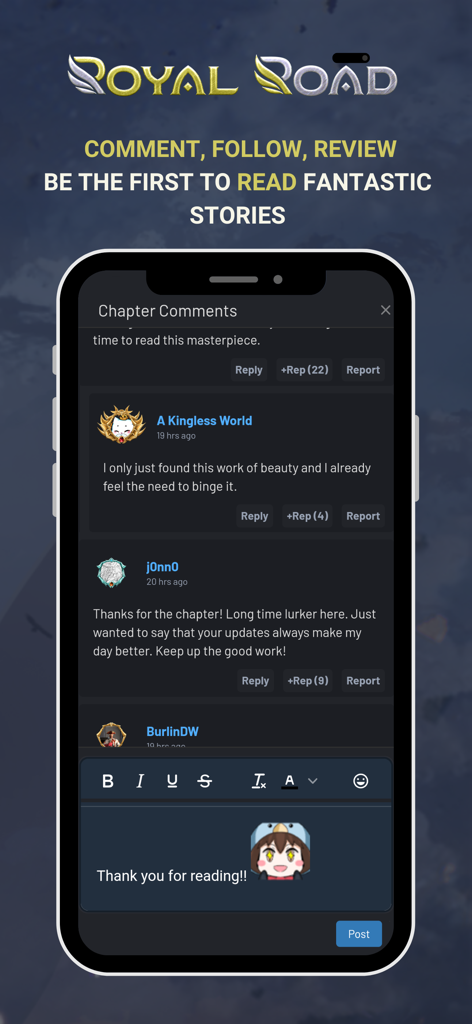 Royal Road 앱 스크린샷, 챕터 댓글 섹션 및 커뮤니티 상호 작용 기능 표시.
