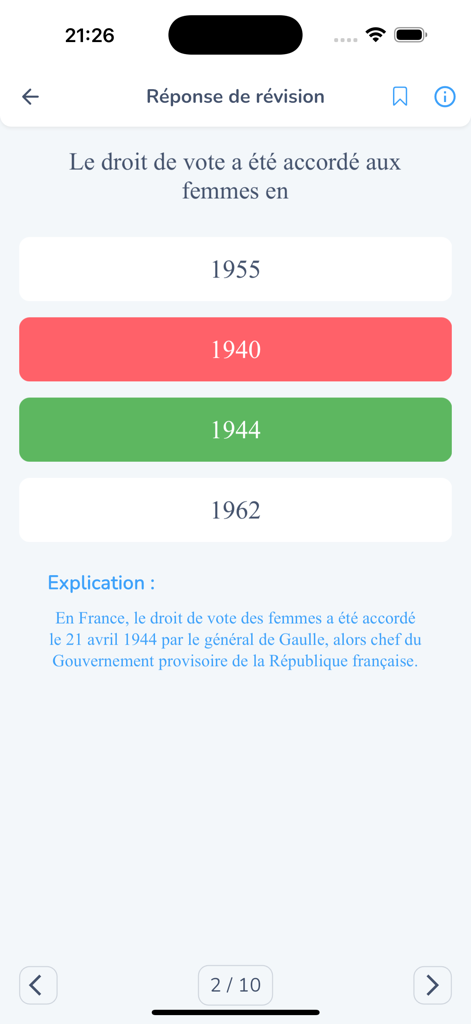 ReviseClasse : Brevet Bac Sup - Questão de questionário de história francesa com explicação detalhada da resposta na aplicação ReviseClasse