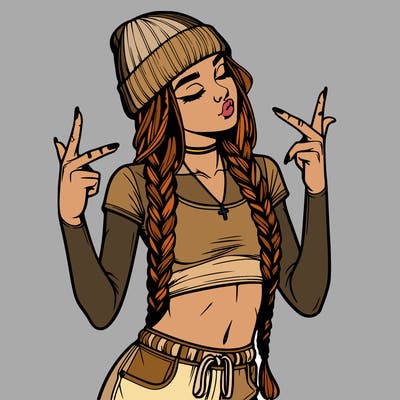 realistic teenage girl with braids and a beanie and crop top doing 🫶🏼