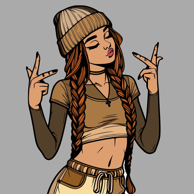 realistic teenage girl with braids and a beanie and crop top doing 🫶🏼