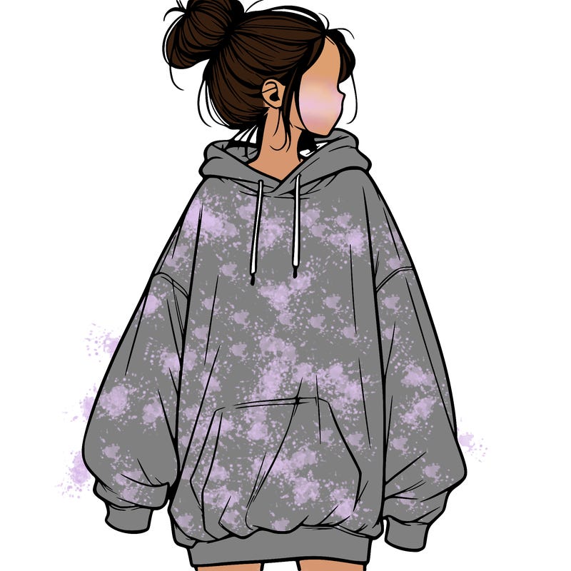 realistic girl with a oversized sweatshirt on and a bun