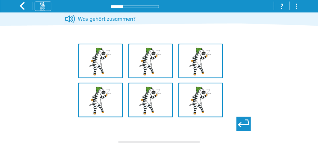 Uma tela de jogo de cartas de combinação do aplicativo Zebra-Schreibtabelle com a zebra mascote.