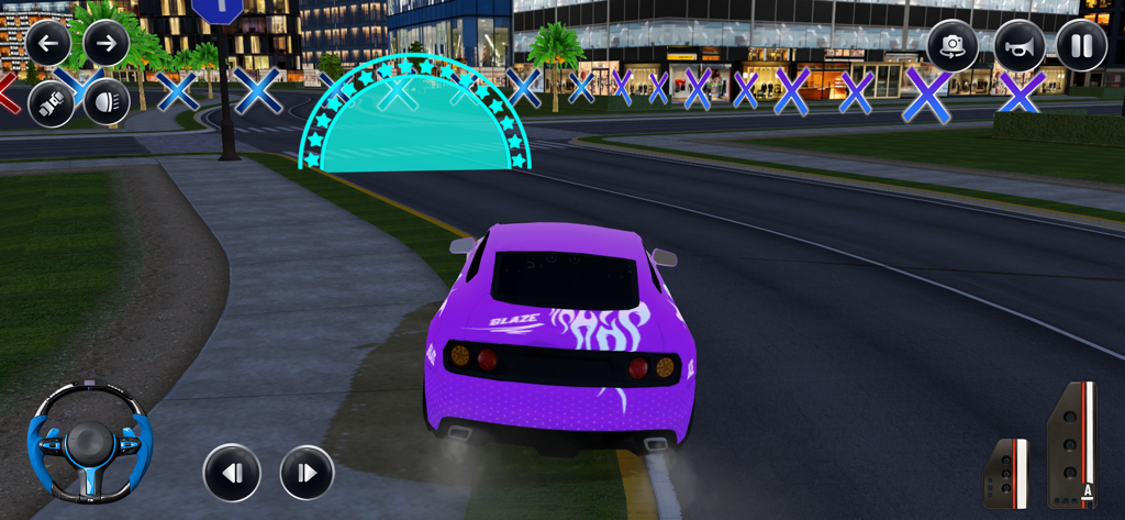 US Car Driving Games Simulator - Purple sports car driving on a city road in a realistic driving simulator