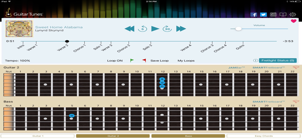 Guitar Tunes™ - Interface de l'application Guitar Tunes sur un iPad affichant des manches virtuels et une chronologie de chanson pour apprendre Sweet Home Alabama