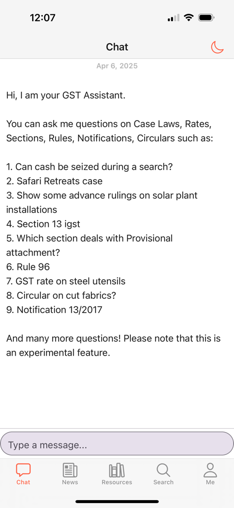 Interface de chat de l'assistant IA GST Press montrant des exemples de requêtes fiscales pour les utilisateurs