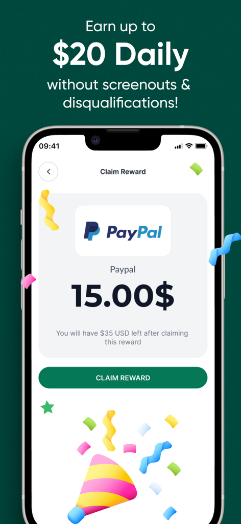 TopSurveys app interface displaying a fifteen dollar PayPal reward claim with celebratory confetti