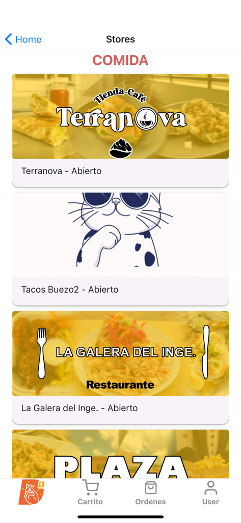 Deuna Go - Tela do aplicativo Deuna Go exibindo uma lista de lojas de comida e restaurantes locais disponíveis para entrega.