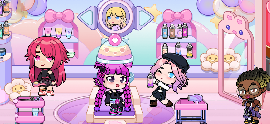 Super City2:Tut Life World - Personajes peinándose en una colorida escena de salón de belleza de Super City 2