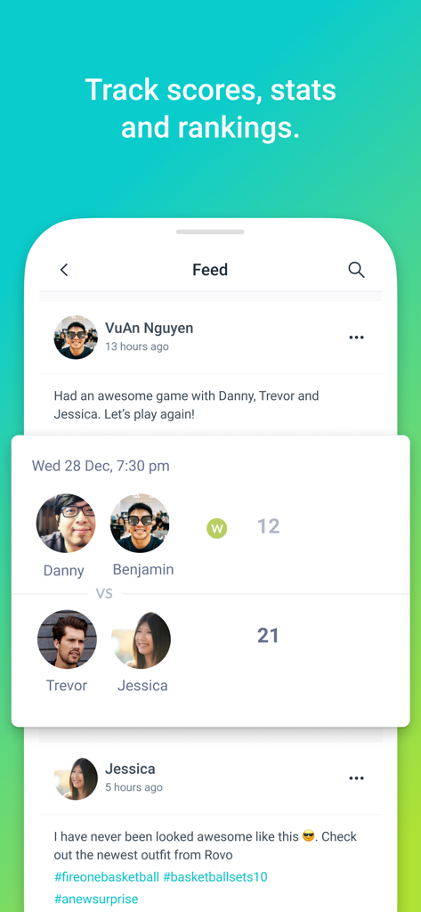 A screenshot of the Rovo app social feed showing sports match scores and community activity updates.