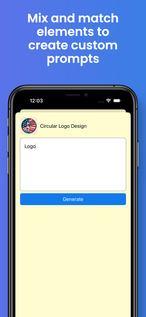 Una interfaz móvil para la aplicación Prompt Maker que muestra un campo de entrada de prompt de diseño de logotipo circular y un botón de generar.