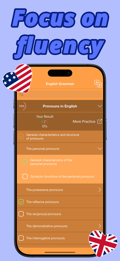 Un'app di apprendimento della grammatica inglese che mostra una lezione sui pronomi con icone di bandiere americane e britanniche.