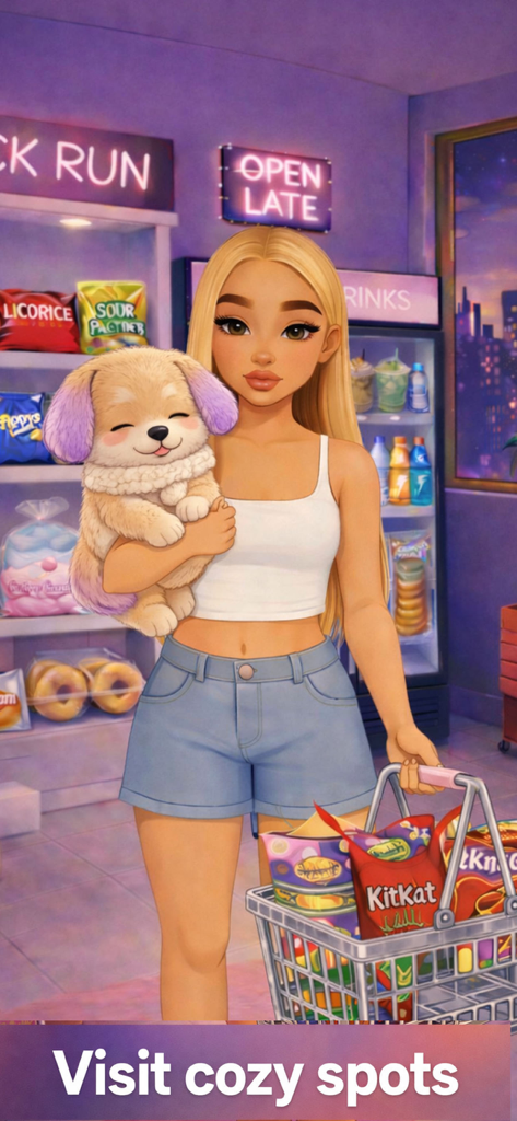 SCENEZ: Cozy Dress Up Game - A blonde avatar holding a puppy while shopping in a cozy convenience store.