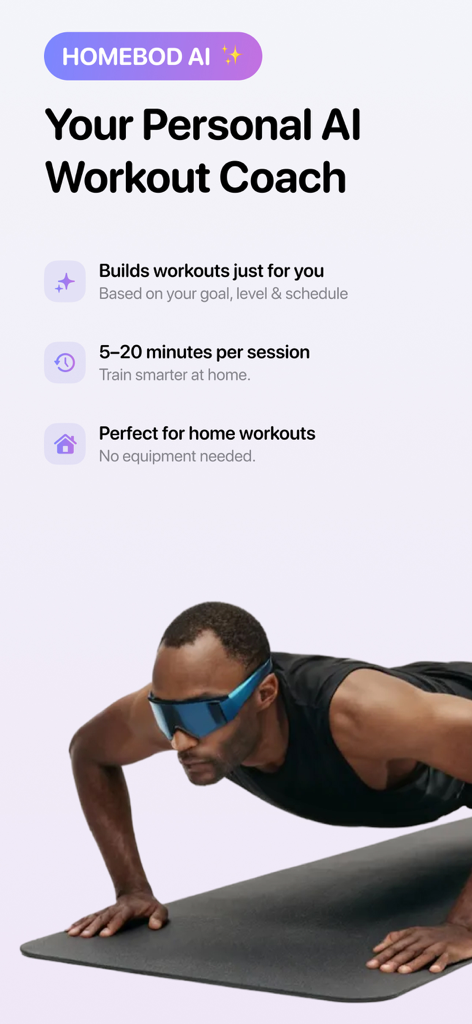 Home Workout: Work Out Routine - Interfaz de la aplicación HomeBod, entrenador de ejercicios con IA, que muestra funciones de entrenamiento en casa y un hombre haciendo flexiones