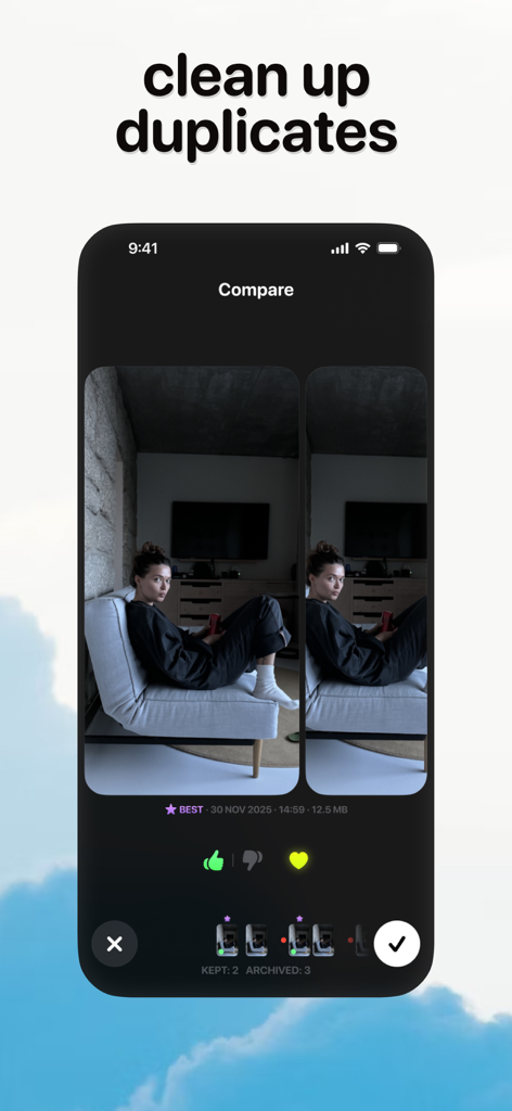 Photo Organizer: Picnic - Interface of Picnic app showing side by side photo comparison to clean up duplicates