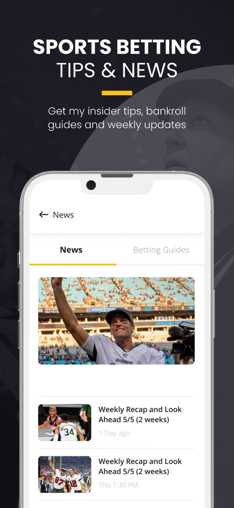 KrackWins - KrackWins app interface showing sports betting news tips and weekly recaps on a smartphone screen
