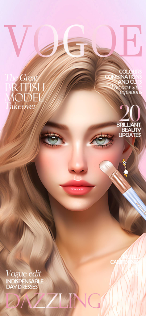 Makeup Salon - DIY Makeup game - Uma ilustração digital de uma modelo loira em uma capa de revista de moda intitulada Vogoe com um pincel de maquiagem aplicando blush em sua bochecha