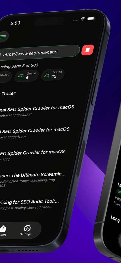 SEO Tracer: Site Audit - SEO Tracer app interface on iPhone showing a website crawl in progress with detected technical issues