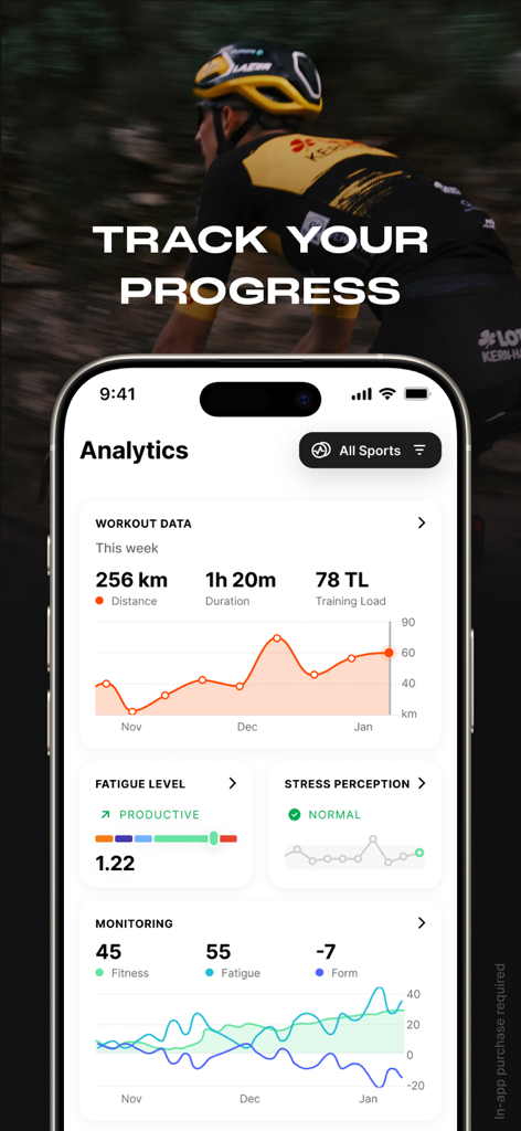 Enduco: Running & Cycling - Panel de análisis de la aplicación Enduco que muestra datos de entrenamiento, nivel de fatiga y gráficos de monitoreo de condición física para corredores y ciclistas.