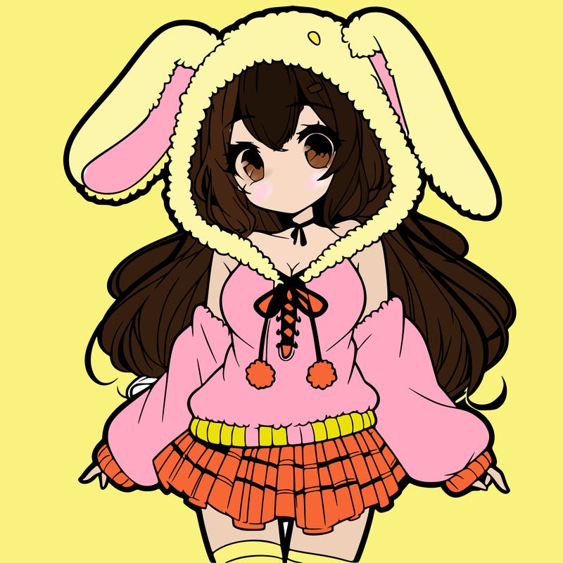 pretty anime girl wearing a fluffy hoodie with bunny ears on the hood and a skirt
