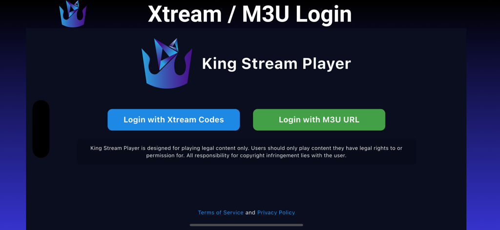 King Stream Player - King Stream Player login interface with Xtream Codes and M3U URL login options