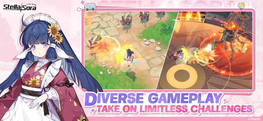Stella Sora - Tela do jogo Stella Sora apresentando um personagem de anime e jogabilidade de batalha de ação top-down com o texto "Jogabilidade Diversificada."