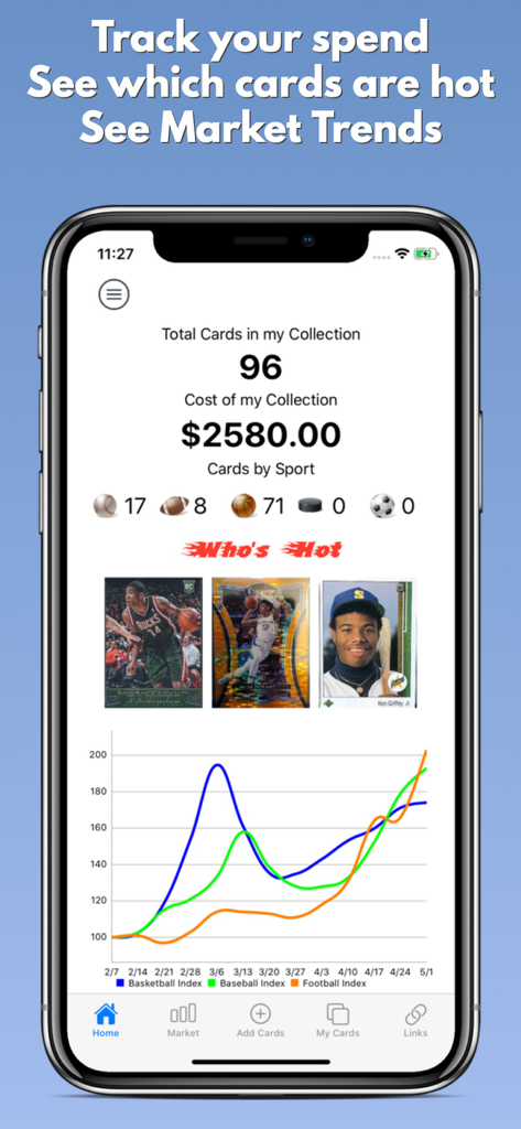 CardGenie - Sports Cards - CardGenie app dashboard showing sports card collection value and market trend analysis