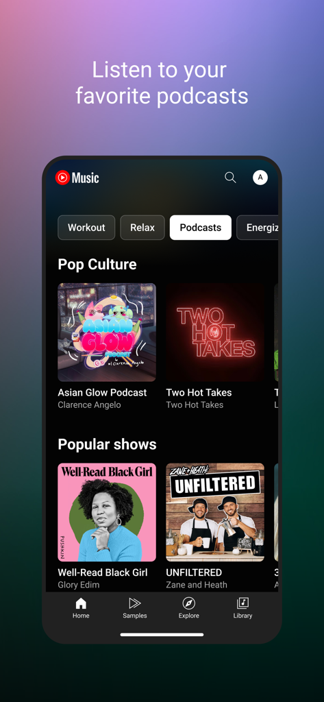 YouTube Music app interface displaying popular podcasts and shows.