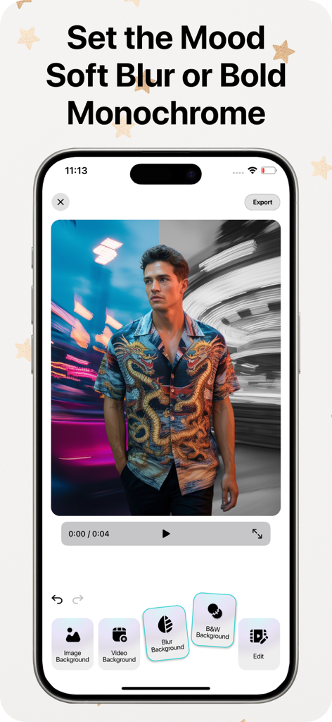Video Background Changer - A person editing a video background with soft blur and bold monochrome filters