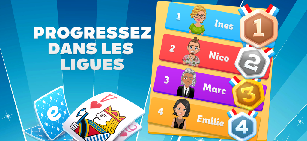 Un classement des meilleurs joueurs avec avatars dans le jeu en ligne Belote et Coinche.