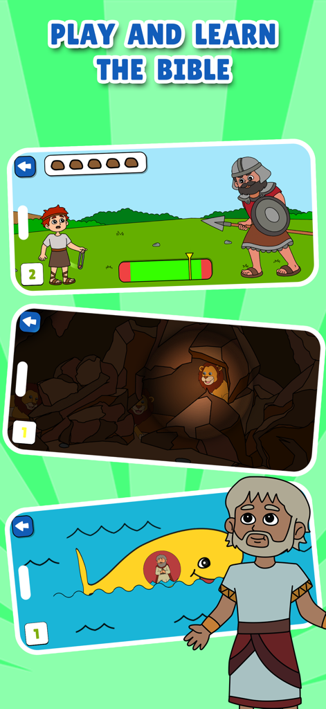 Biblical Games and Activities - A mobile screen showing three different biblical mini games including David and Goliath Daniel in the lions den and Jonah and the whale