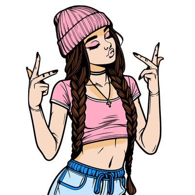realistic teenage girl with braids and a beanie and crop top doing 🫶🏼