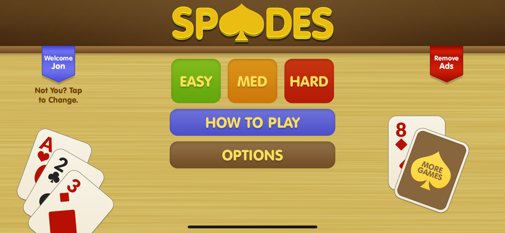 Spades ∙ - Main menu of the Spades card game app featuring difficulty selection buttons and game options