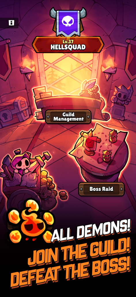Hellsquad Rrrush guild management and boss raid menu with cute demon characters