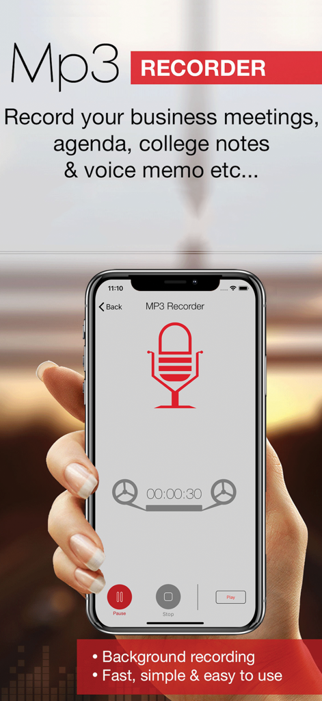 Mp3 Recorder Pro app on an iPhone showing a voice recording screen with a microphone icon and timer